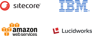 Sitecore logo, IBM logo, Amazon Web Services Logo, Lucidworks logo